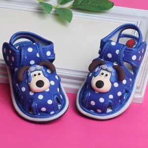 Baby Moo Pilot Dog Applique Polka Dot Printed Velcro Strap Anti-Skid Chu Chu Sound Sandals - Blue