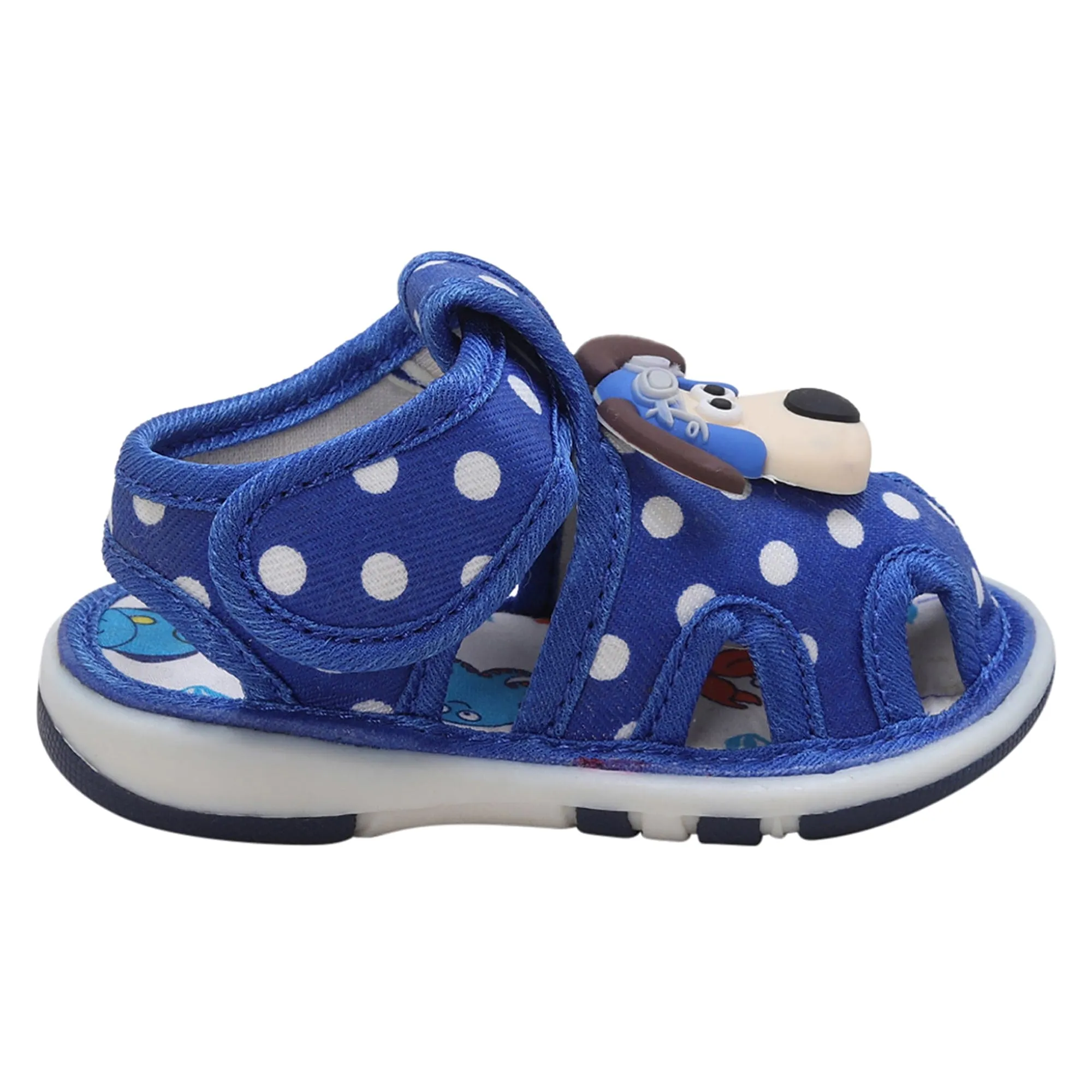 Baby Moo Pilot Dog Applique Polka Dot Printed Velcro Strap Anti-Skid Chu Chu Sound Sandals - Blue