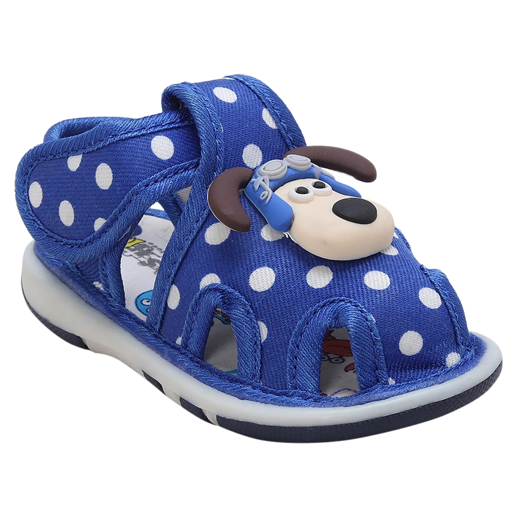 Baby Moo Pilot Dog Applique Polka Dot Printed Velcro Strap Anti-Skid Chu Chu Sound Sandals - Blue