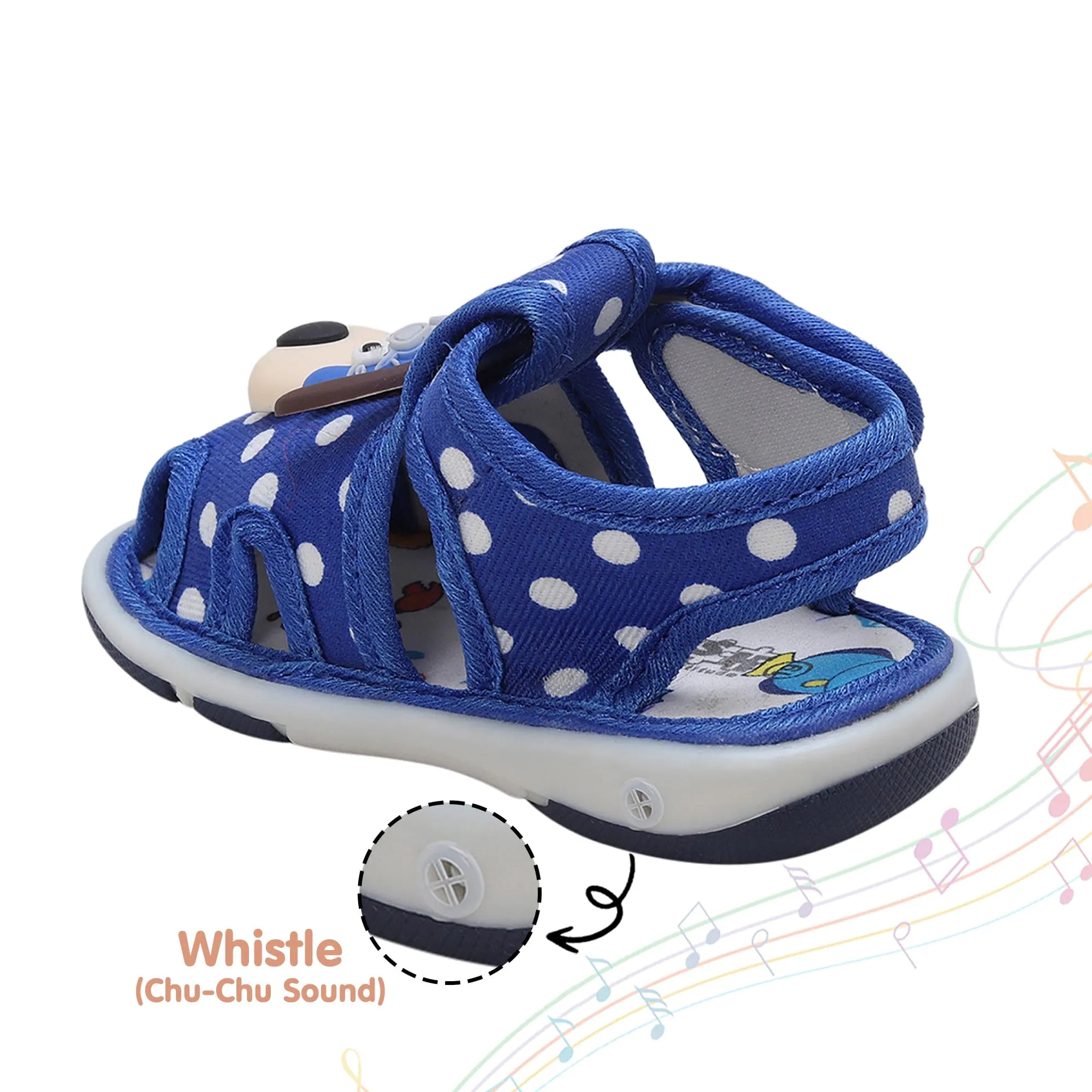 Baby Moo Pilot Dog Applique Polka Dot Printed Velcro Strap Anti-Skid Chu Chu Sound Sandals - Blue