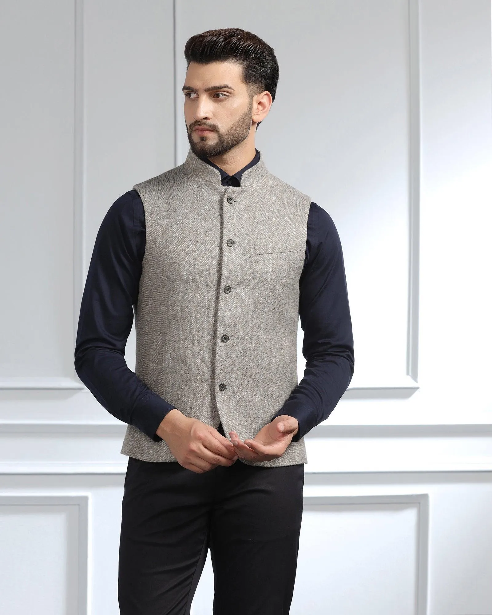 Bandhgala Casual Light Grey Striped Waistcoat - Silvan