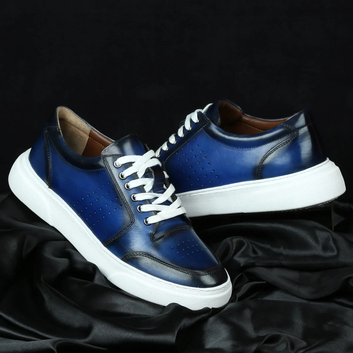 Blue Burnished Leather Low Top Perforated Sneakers by Brune & Bareskin