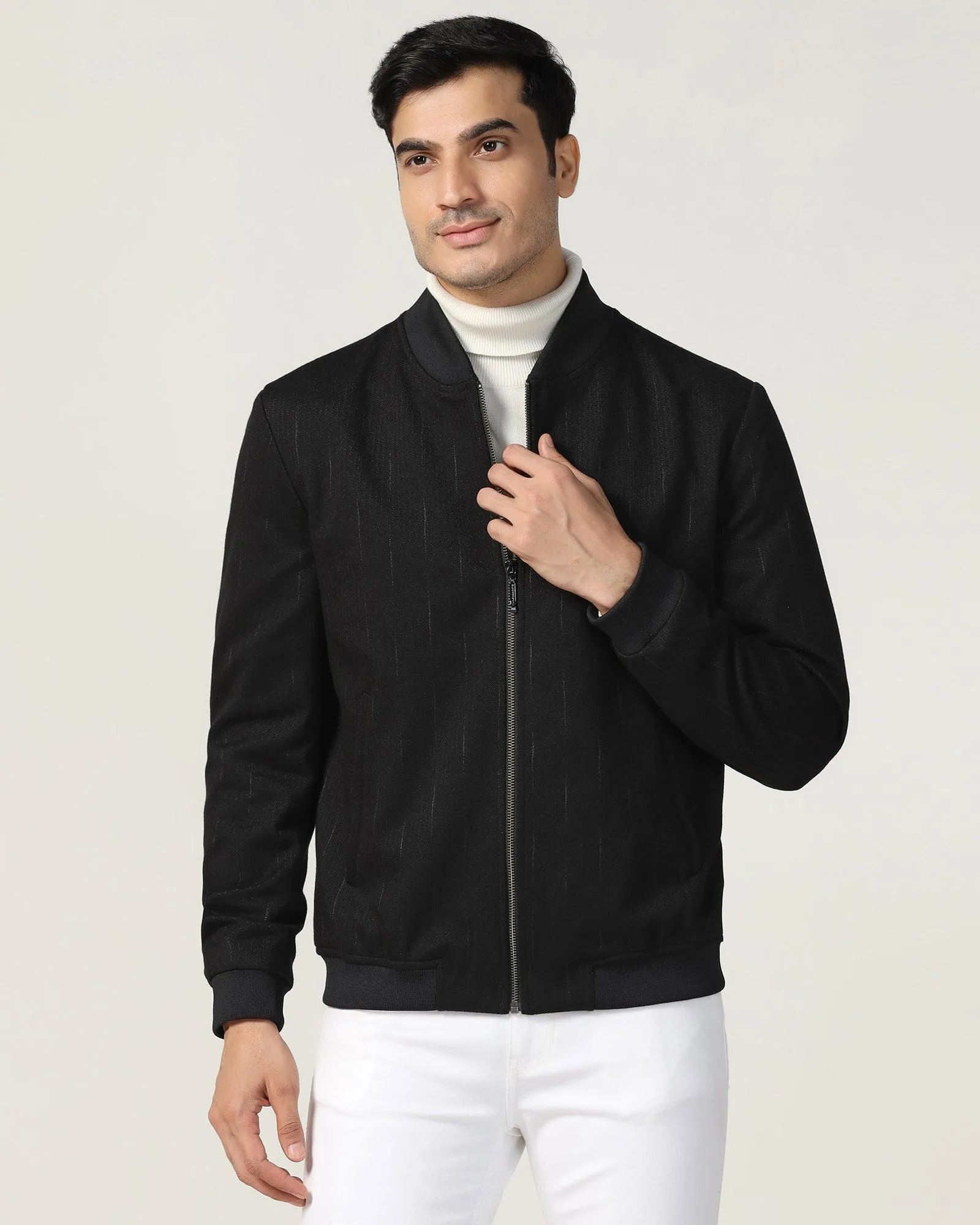 Bomber Black Textured Zipper Jacket - Accord