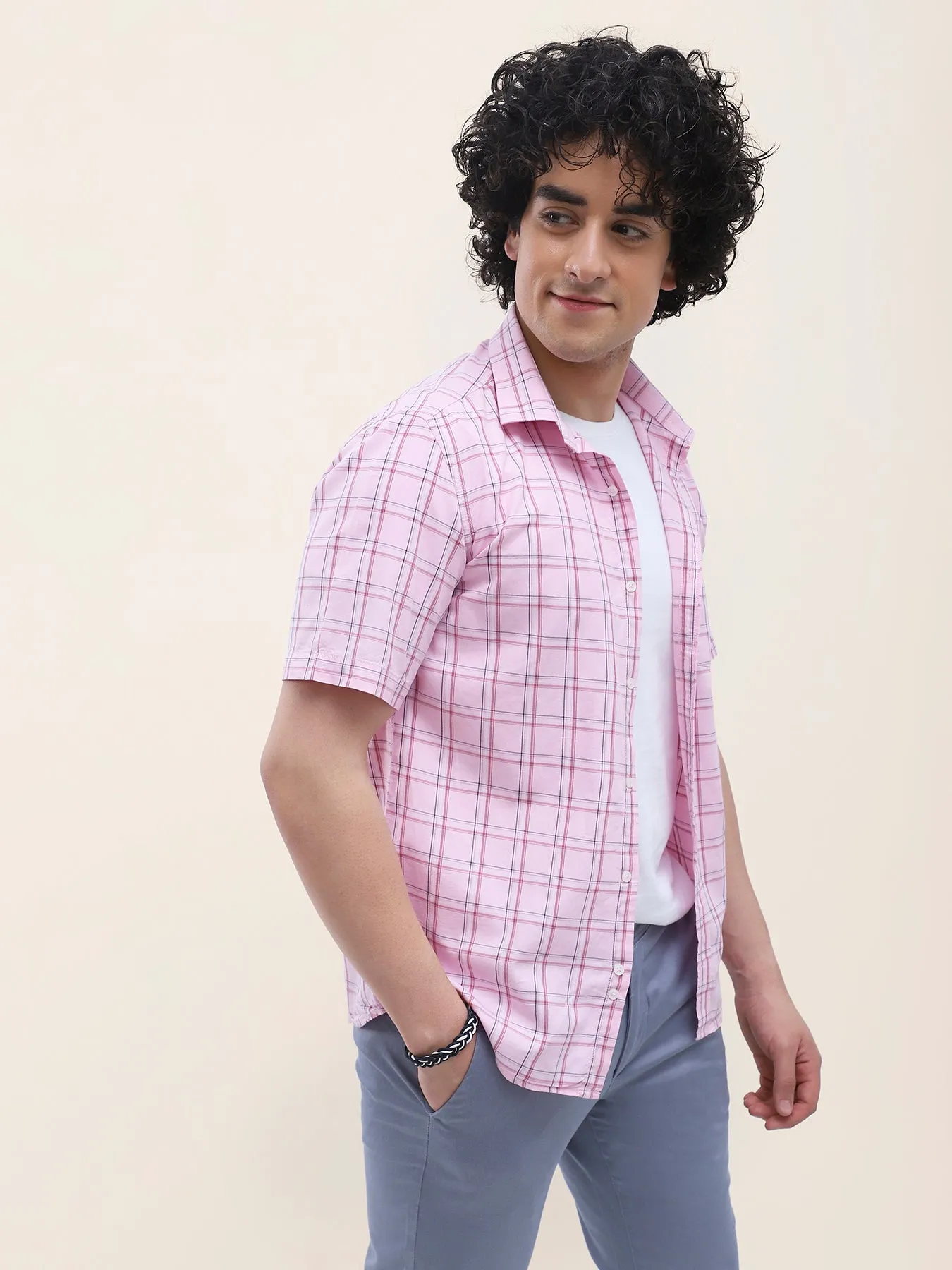 Cotton Pink Checkered Half Sleeve Casual Shirt