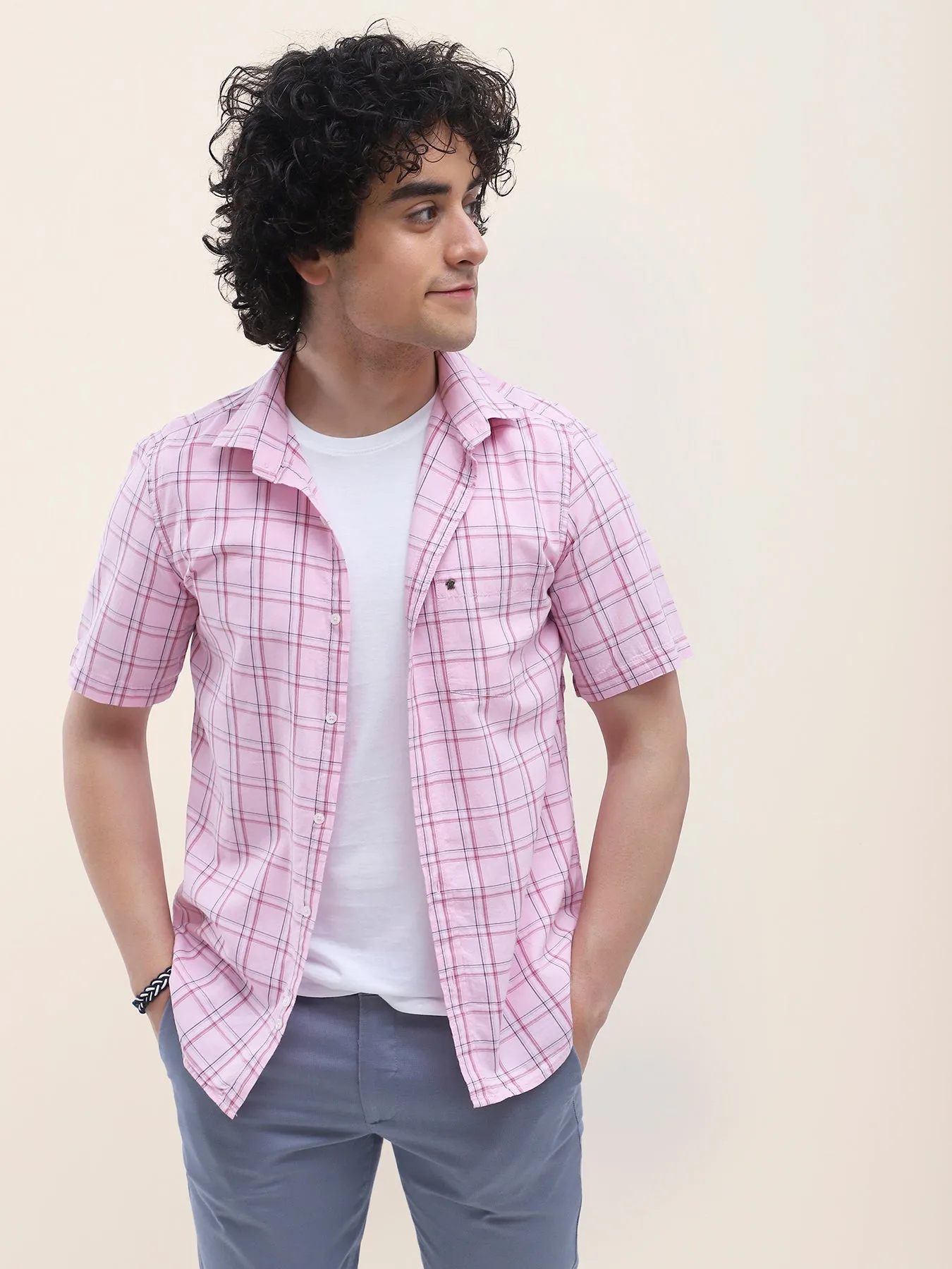 Cotton Pink Checkered Half Sleeve Casual Shirt