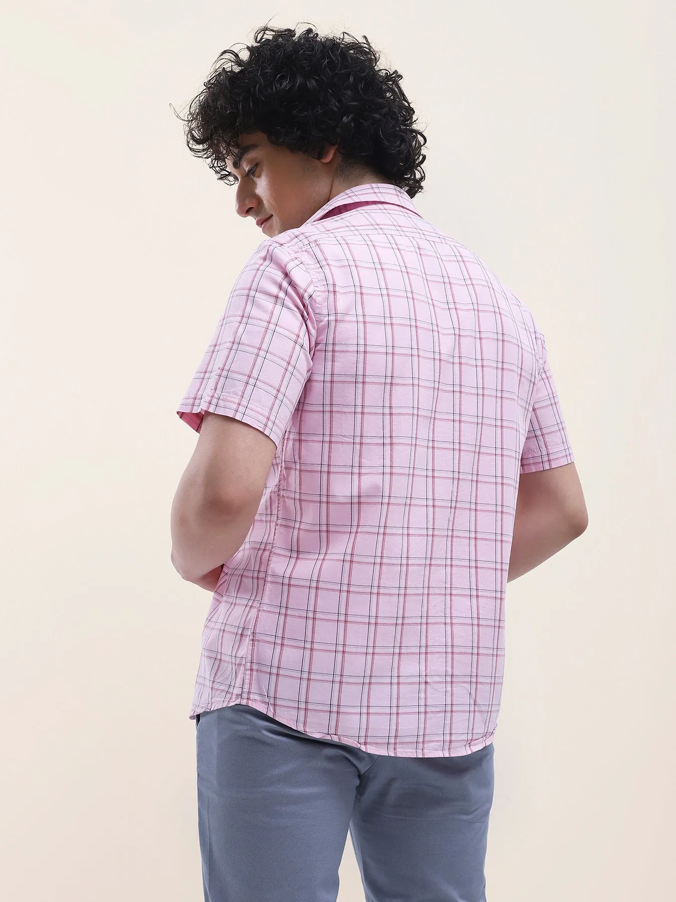 Cotton Pink Checkered Half Sleeve Casual Shirt