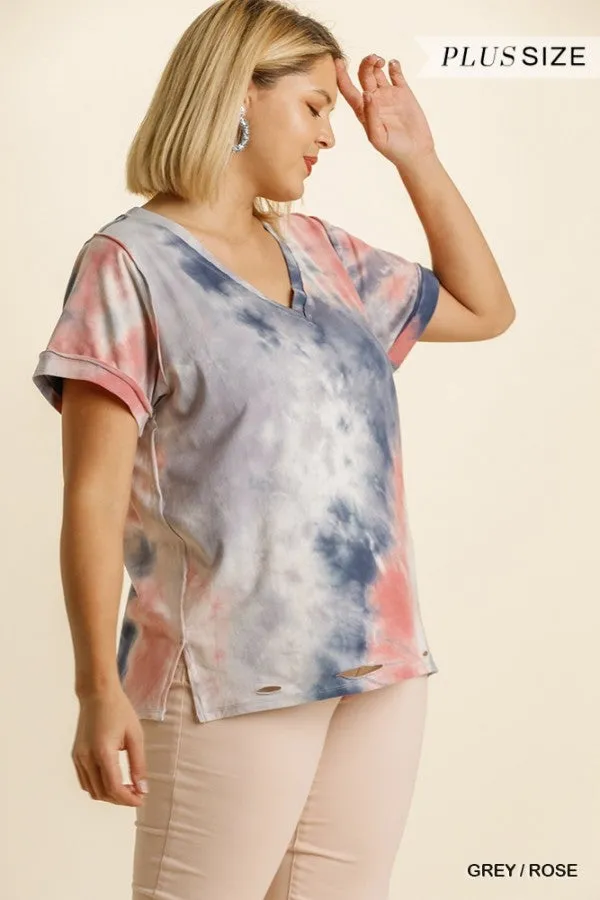 Distressed Tie Dye Top, Grey/Rose