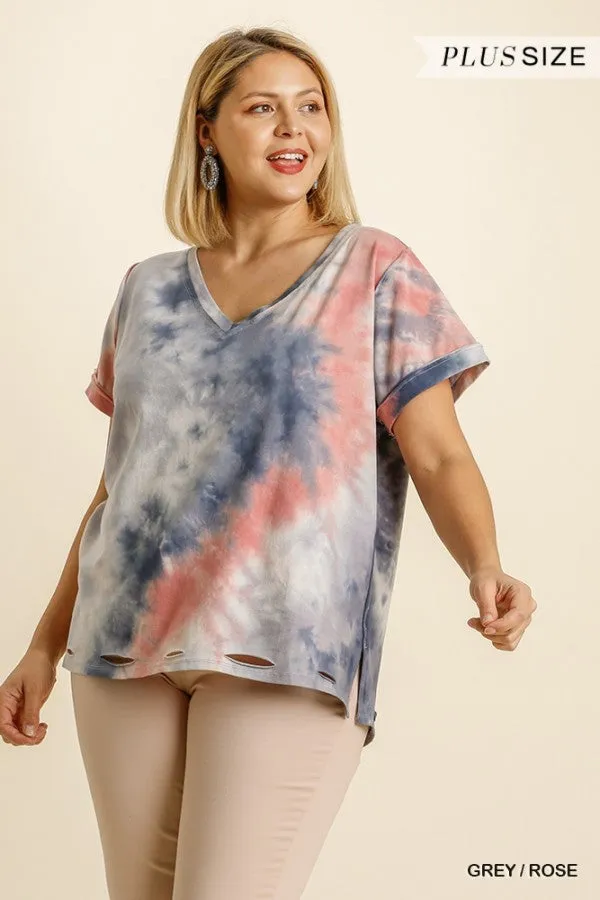 Distressed Tie Dye Top, Grey/Rose