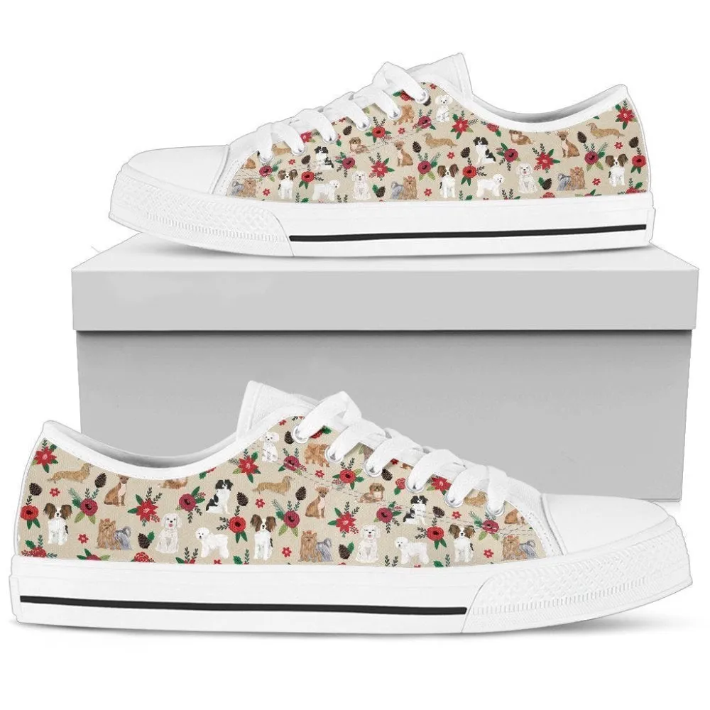 Dogs On Floral White Low Top Sneaker Stylish Pet-Inspired Footwear, Dog Printed Shoes, Canvas Shoes For Men, Women