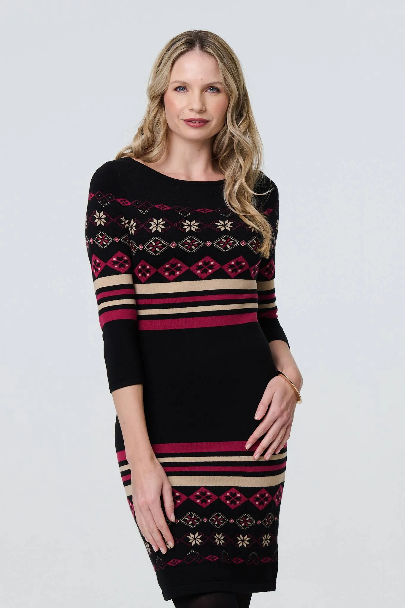 Fair Isle Striped 3/4 Sleeve Short Dress