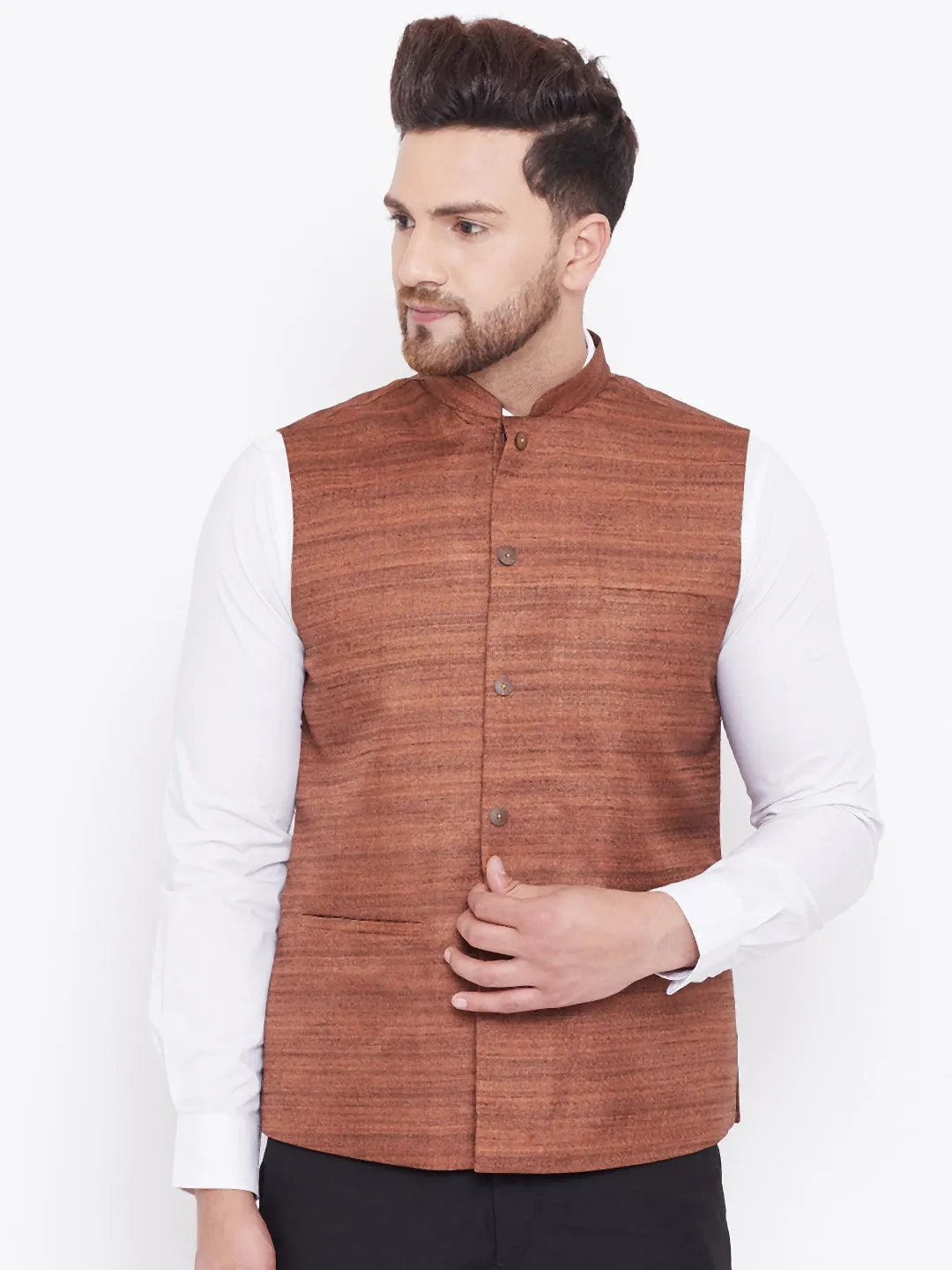 Jashvi Men's Coffee Brown Silk Blend Nehru Jacket