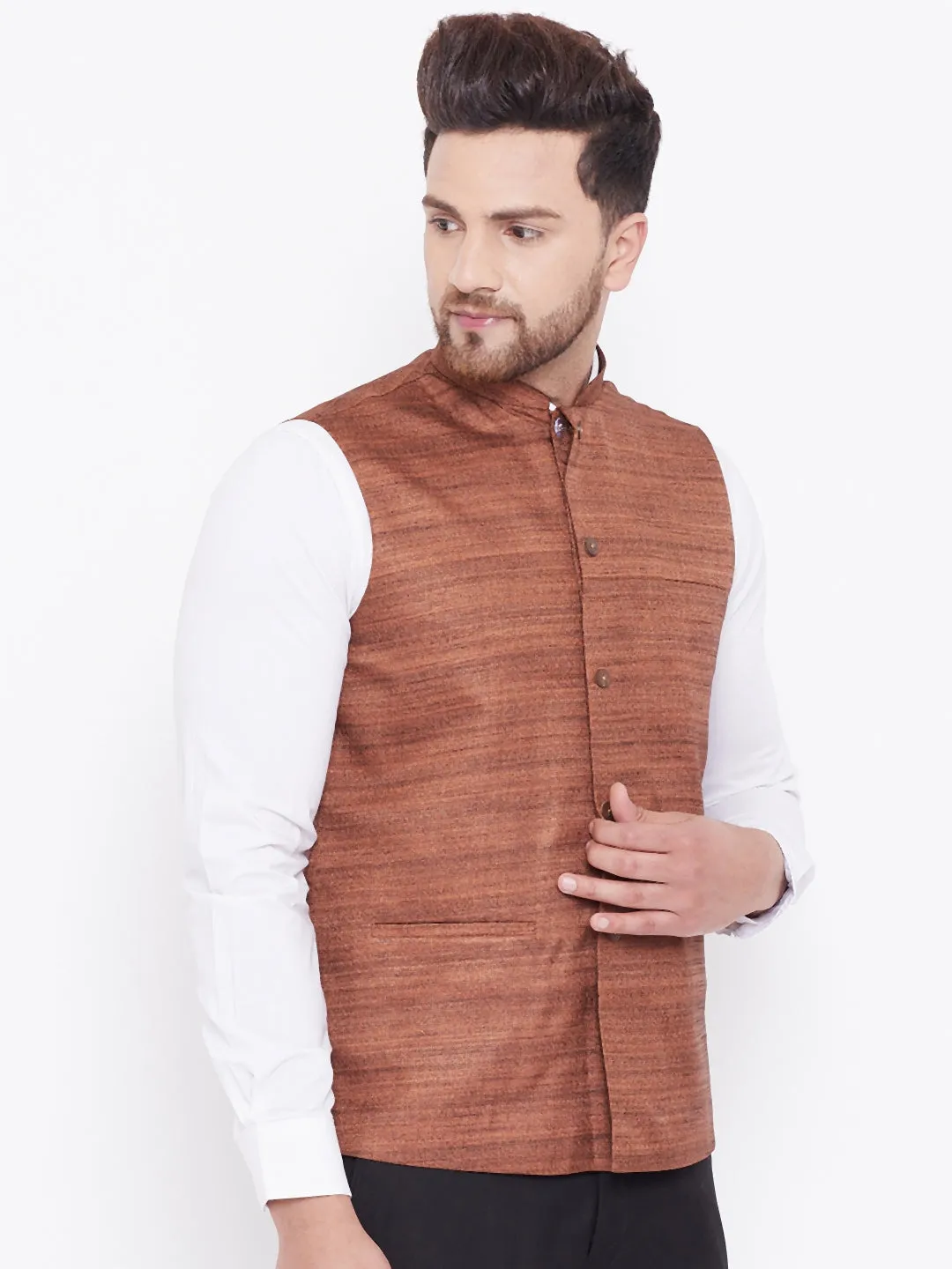 Jashvi Men's Coffee Brown Silk Blend Nehru Jacket