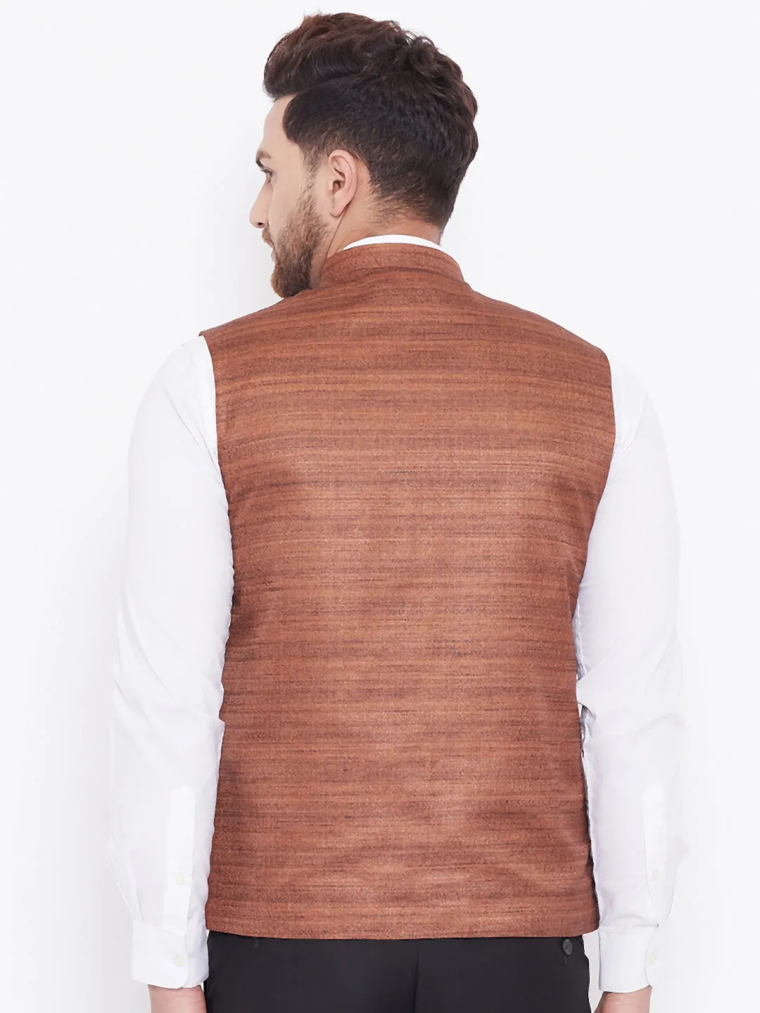 Jashvi Men's Coffee Brown Silk Blend Nehru Jacket