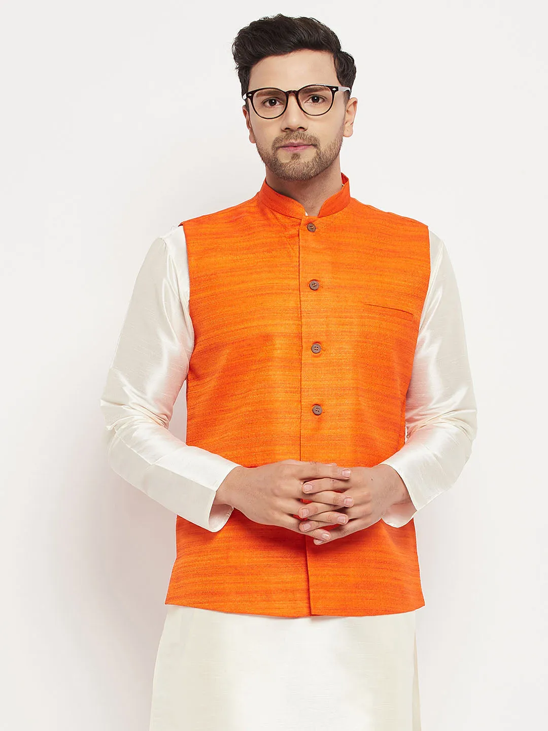 Jashvi Men's Orange Silk Blend Nehru Jacket