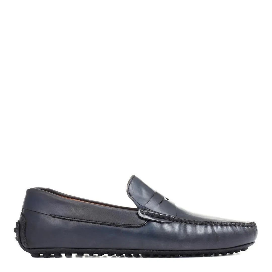 Jones Bootmaker Reginald Hand-Finished Navy Leather Mens Driver Moccasin