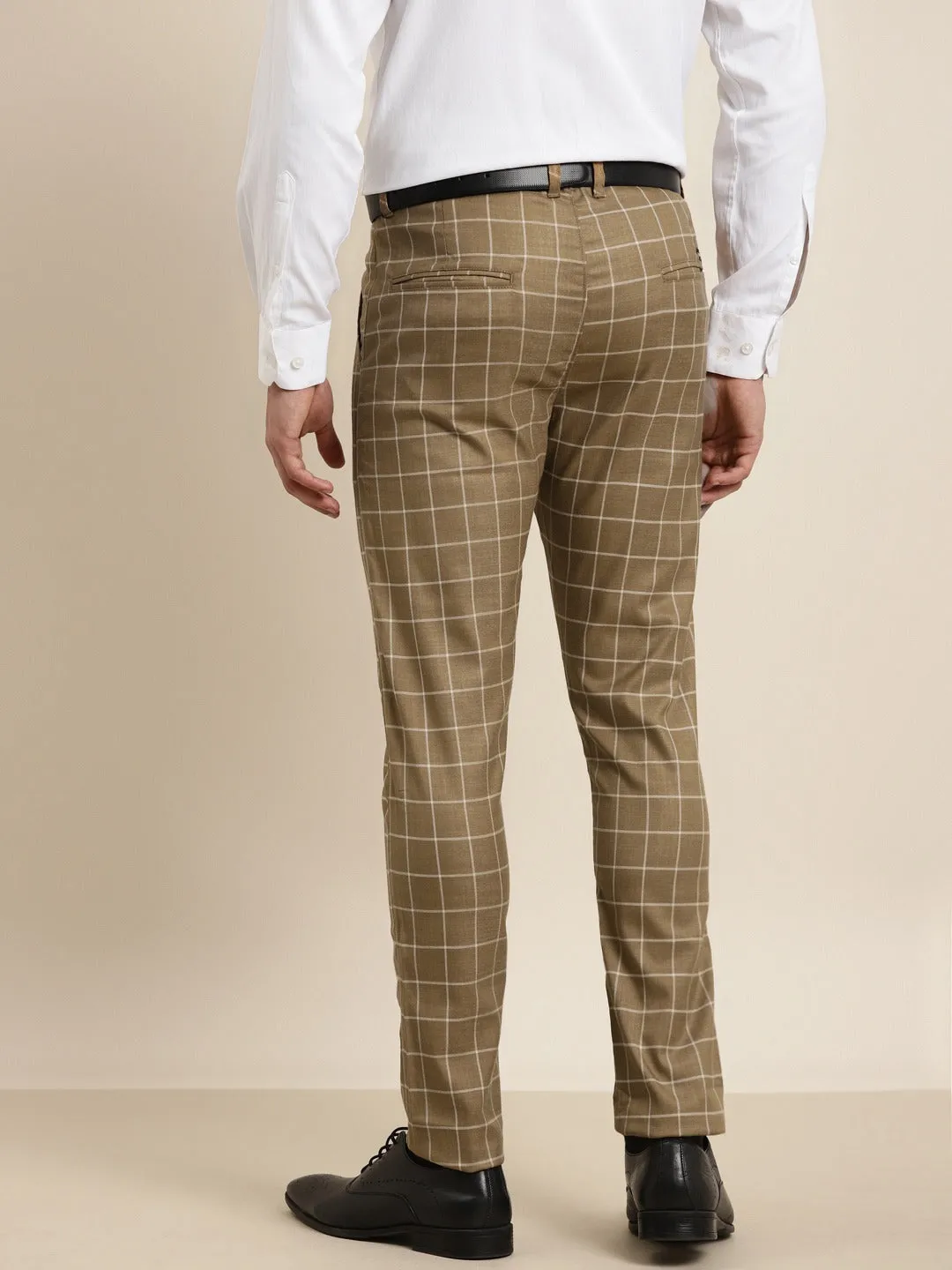 Men's Cotton Blend Khaki & Offwhite Checked Casual Trousers - Sojanya