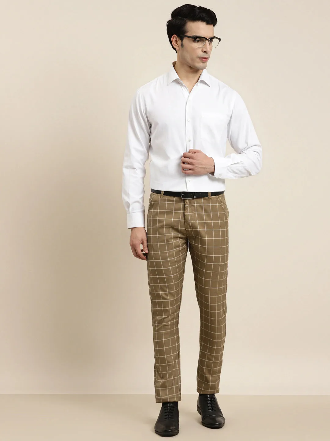 Men's Cotton Blend Khaki & Offwhite Checked Casual Trousers - Sojanya