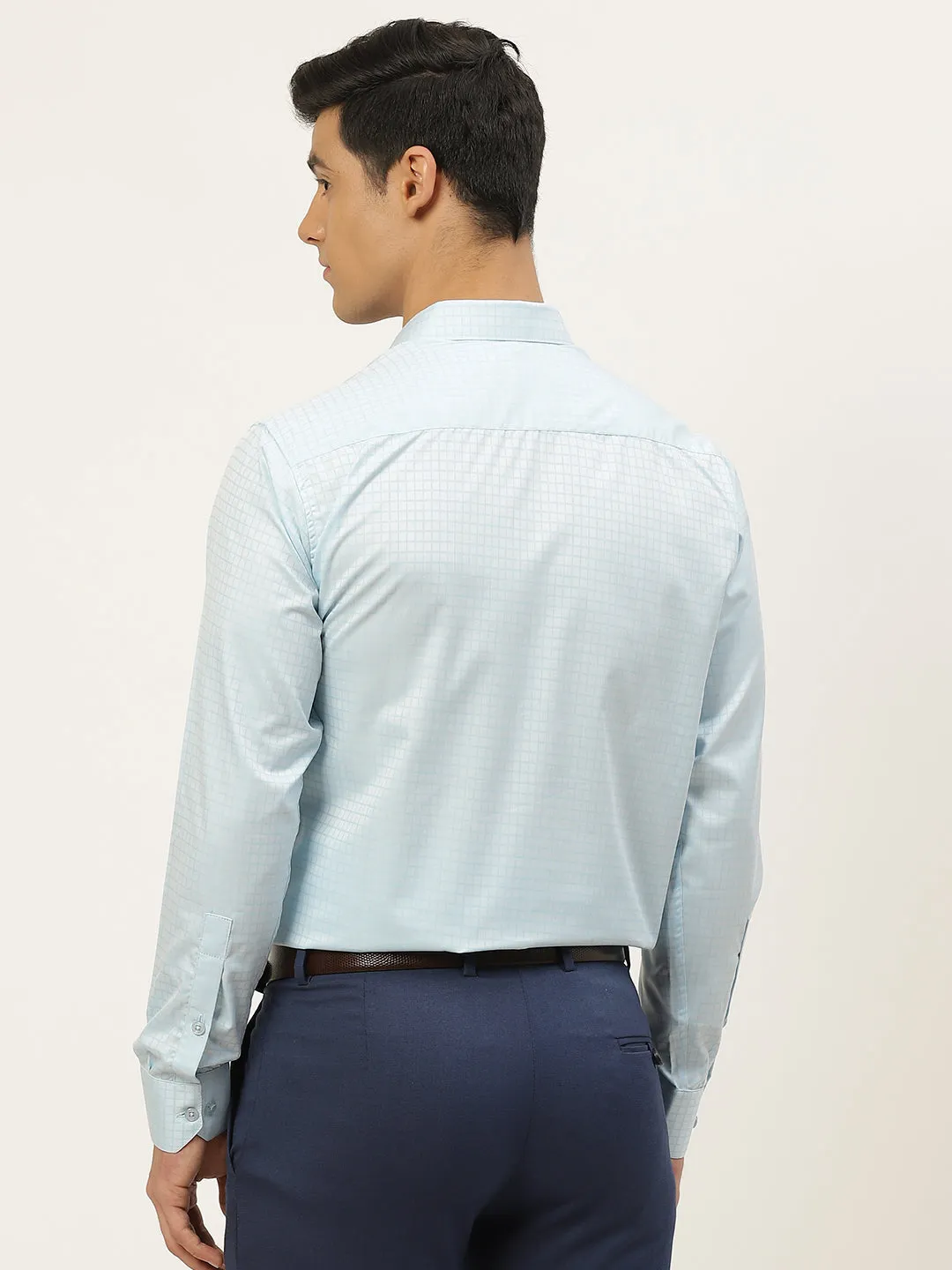 Mens Cotton Sky Blue Checked Formal Shirt - Sojanya