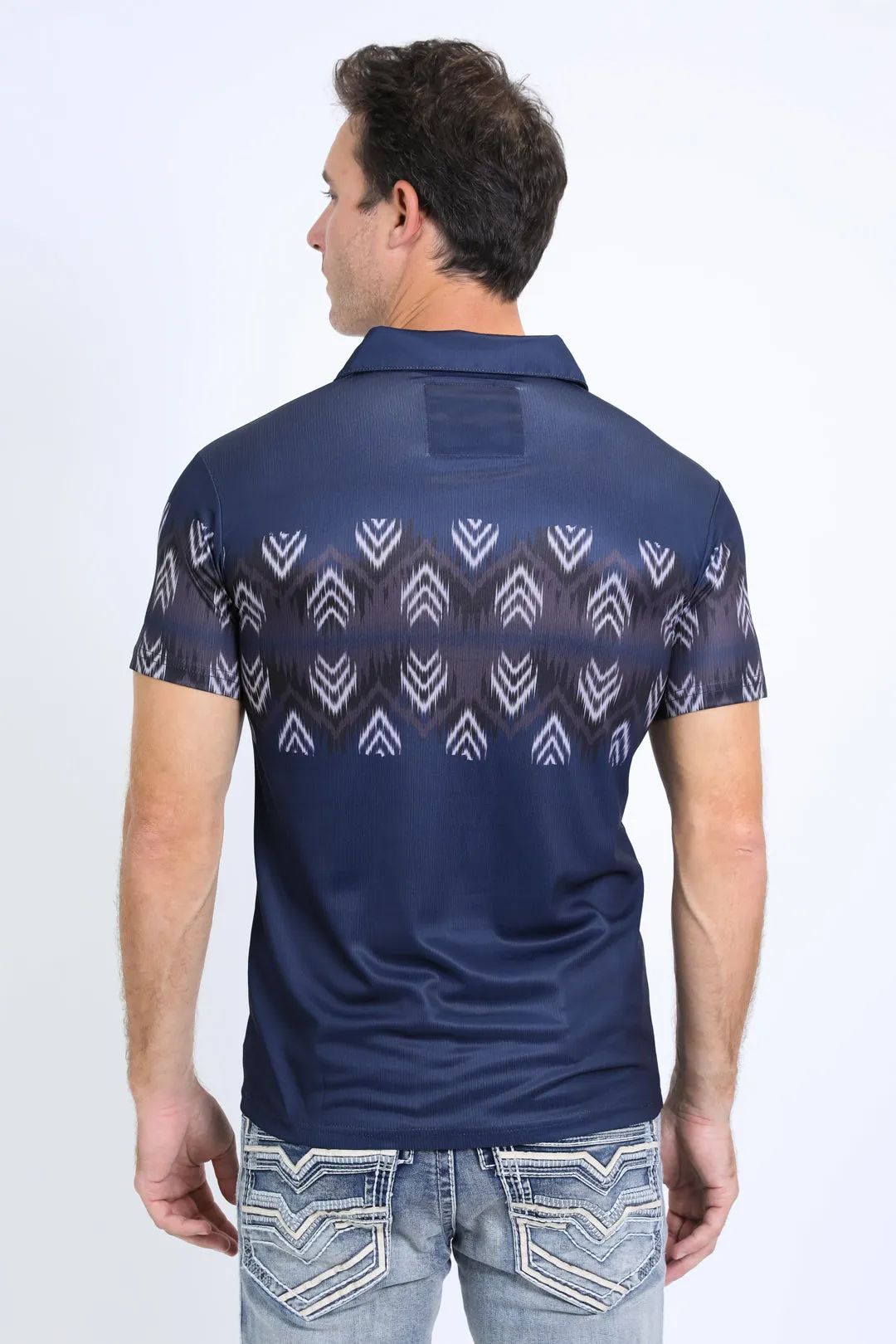 Men's Performance Fabric Aztec Panoramic Print Navy Polo