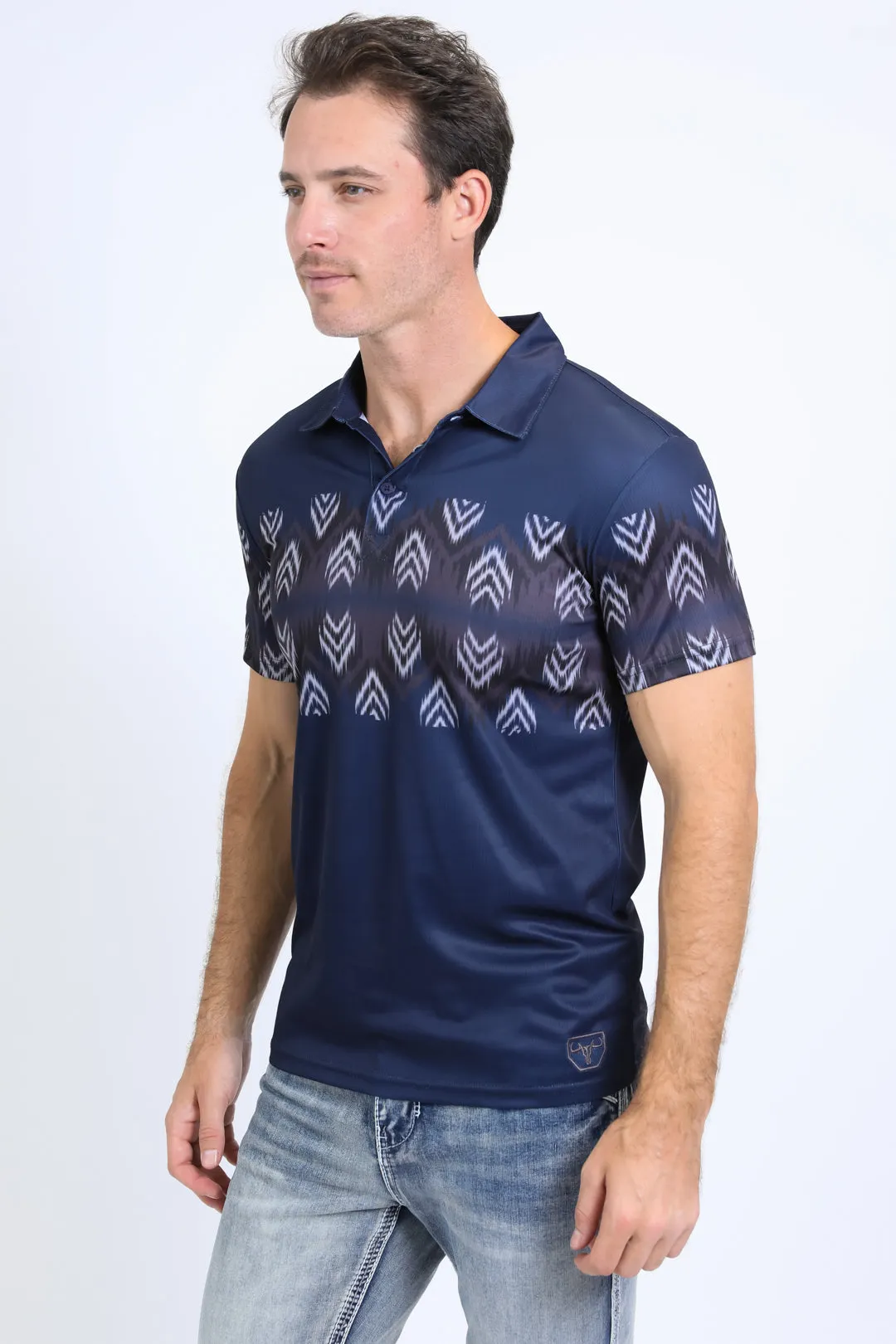 Men's Performance Fabric Aztec Panoramic Print Navy Polo