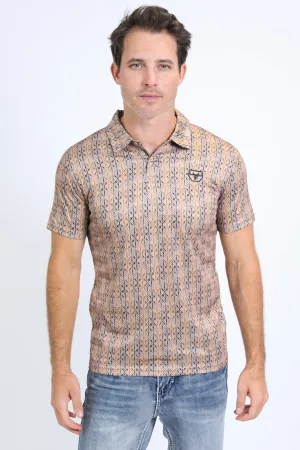 Mens Performance Fabric Print Khaki Polo