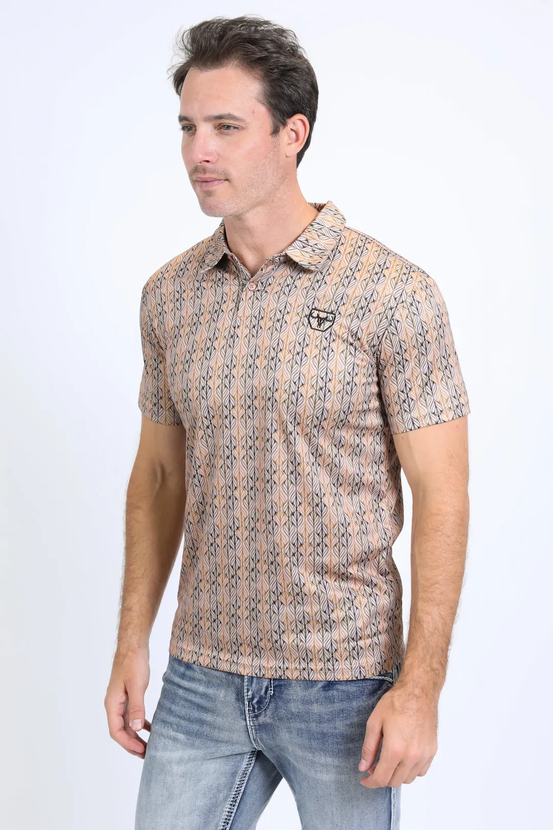 Mens Performance Fabric Print Khaki Polo