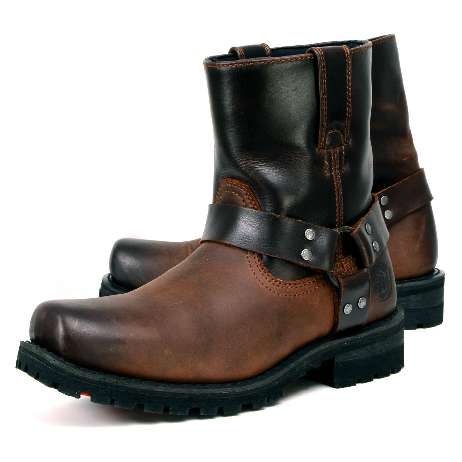 Milwaukee Leather MBM9008 Men's Brown Motorcycle Harness Boots-Two-Tone Full Grain Leather Boots with Easy Pull-On