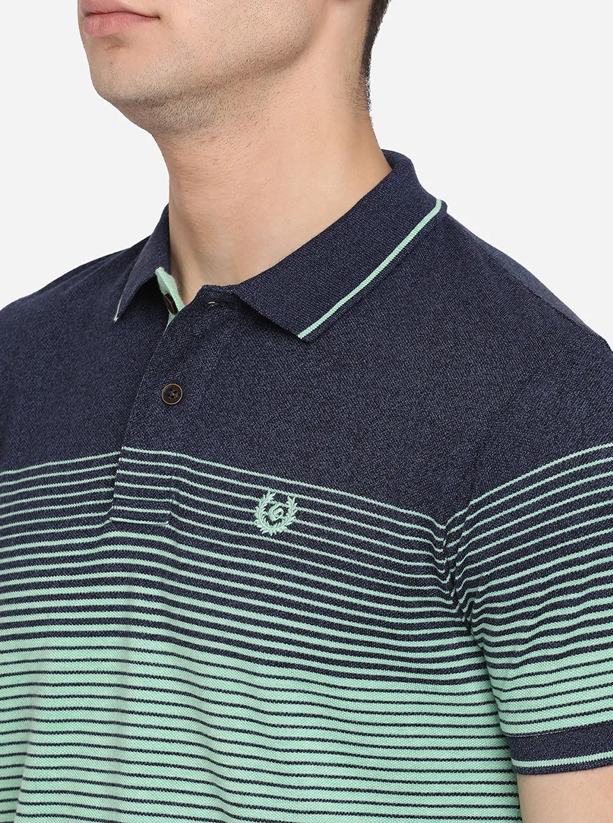 Navy Blue & Mint Green Striped Slim Fit Polo T-Shirt | Greenfibre