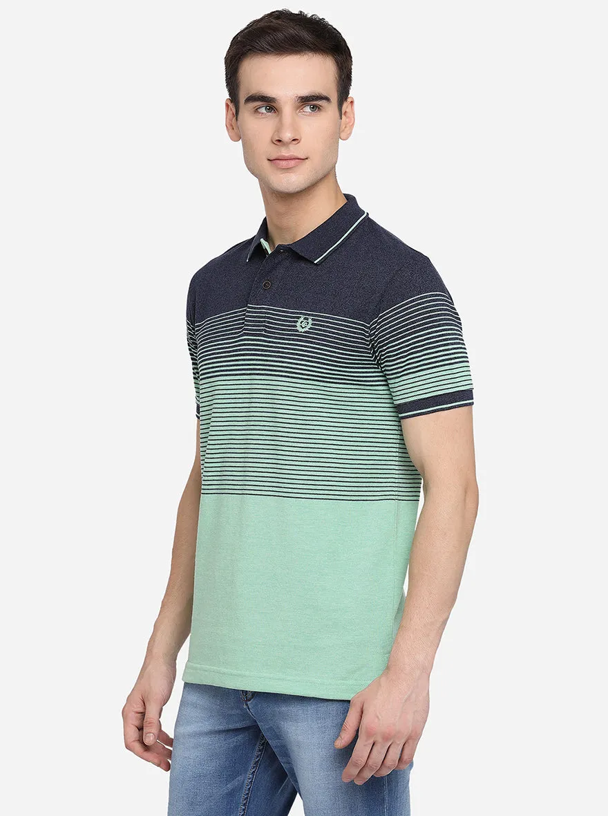 Navy Blue & Mint Green Striped Slim Fit Polo T-Shirt | Greenfibre