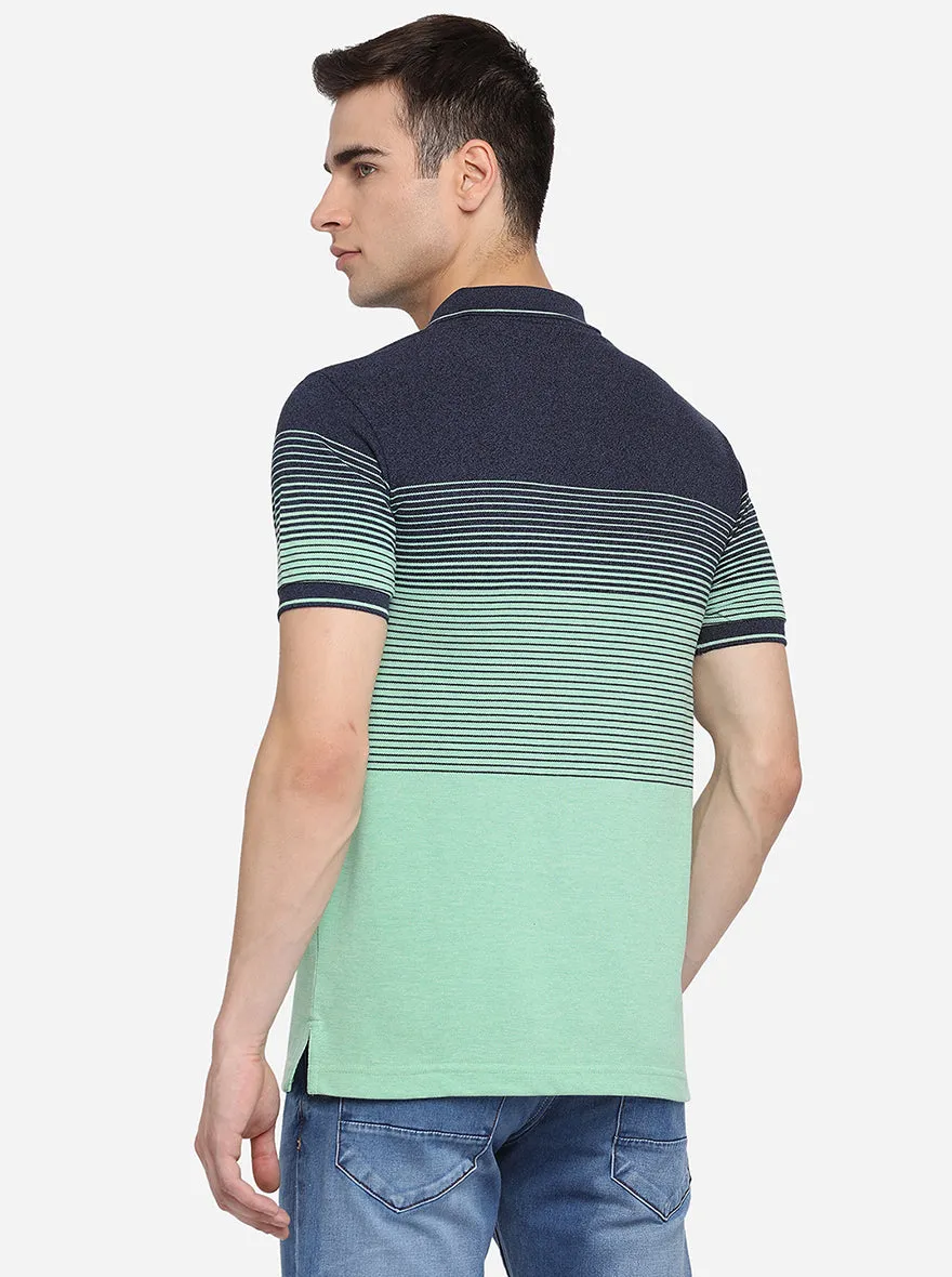 Navy Blue & Mint Green Striped Slim Fit Polo T-Shirt | Greenfibre