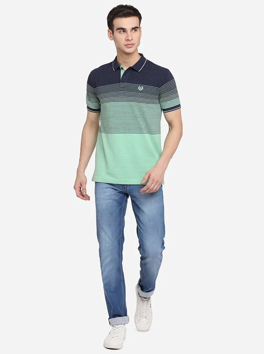 Navy Blue & Mint Green Striped Slim Fit Polo T-Shirt | Greenfibre