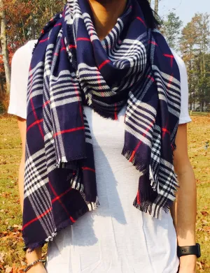 Navy/Red/White Plaid Blanket Scarf