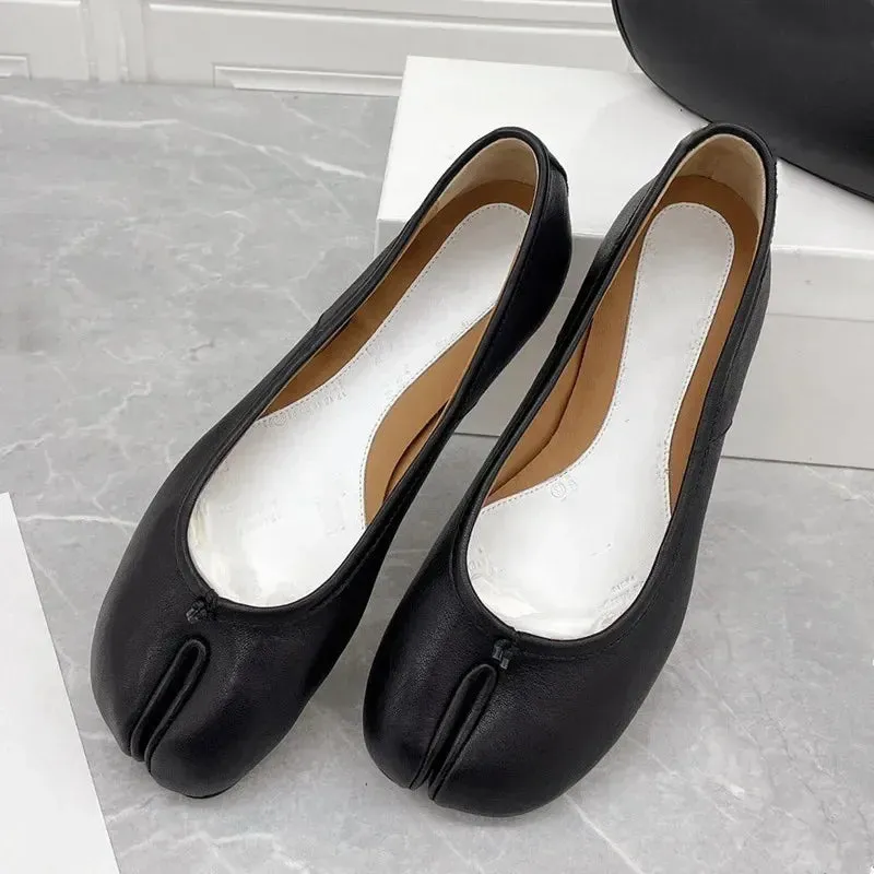 new sheepskin split toe single shoes women's leather flat bottom pig's hoof grandma shoes shallow mouth ballet Lefu shoes flats