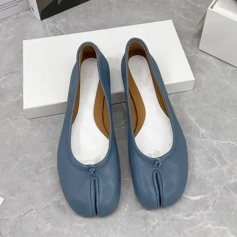 new sheepskin split toe single shoes women's leather flat bottom pig's hoof grandma shoes shallow mouth ballet Lefu shoes flats