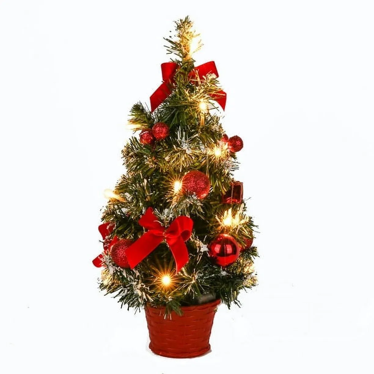 premium 16 inch Tabletop Mini Christmas Tree, Small Artificial Christmas Tree with LED Lights & Ornaments, Battery Operated Christmas Decorations (Gold) Red