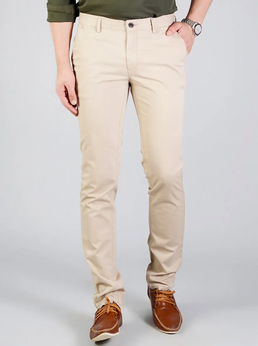 Sand Brown Self Textured Slim Fit Casual Trouser | JadeBlue