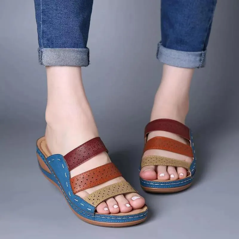 Summer Women Color Matching Hollow PU Roman Sandals