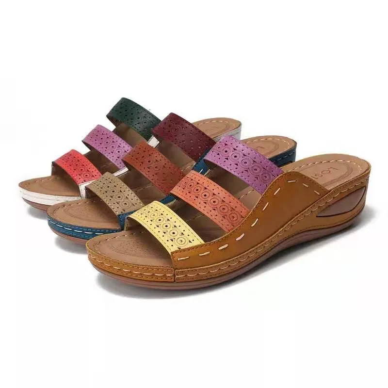 Summer Women Color Matching Hollow PU Roman Sandals