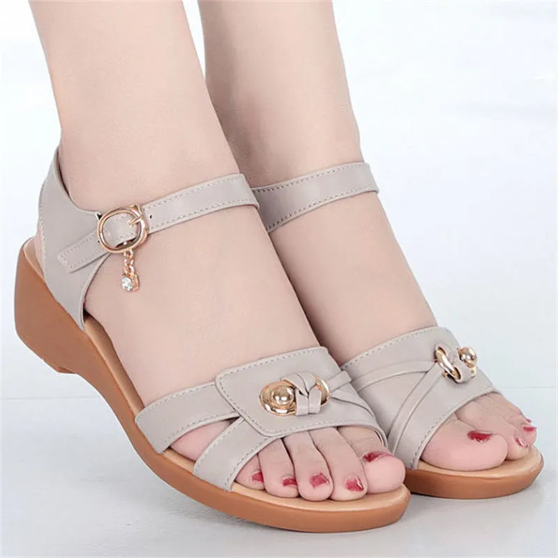 Summer Women Leather Wedge Heel Peep Toe Soft Soled Sandals