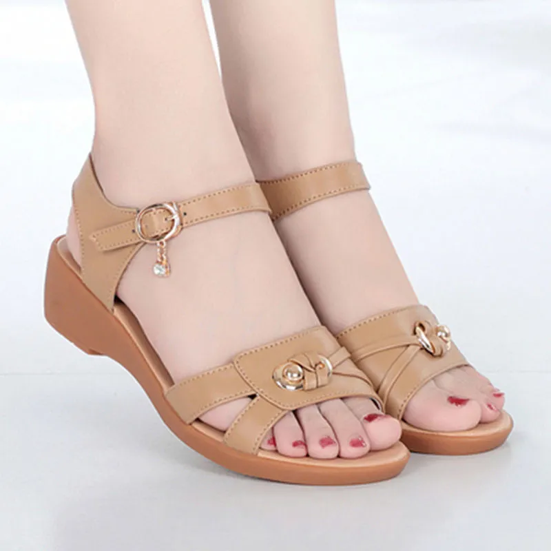 Summer Women Leather Wedge Heel Peep Toe Soft Soled Sandals