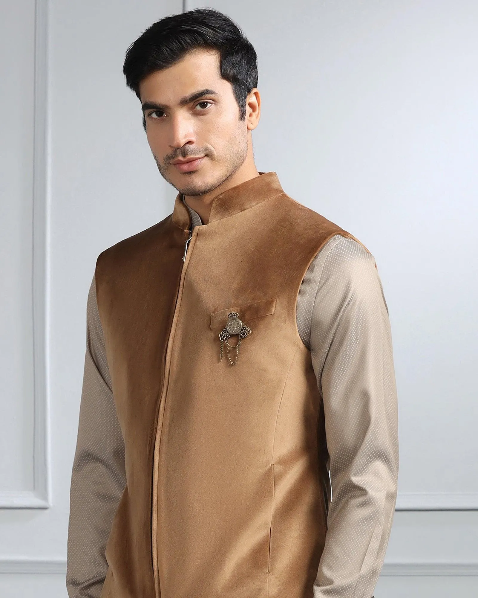 Swarn Two Piece Khaki Solid Achkan Set - Sandrona