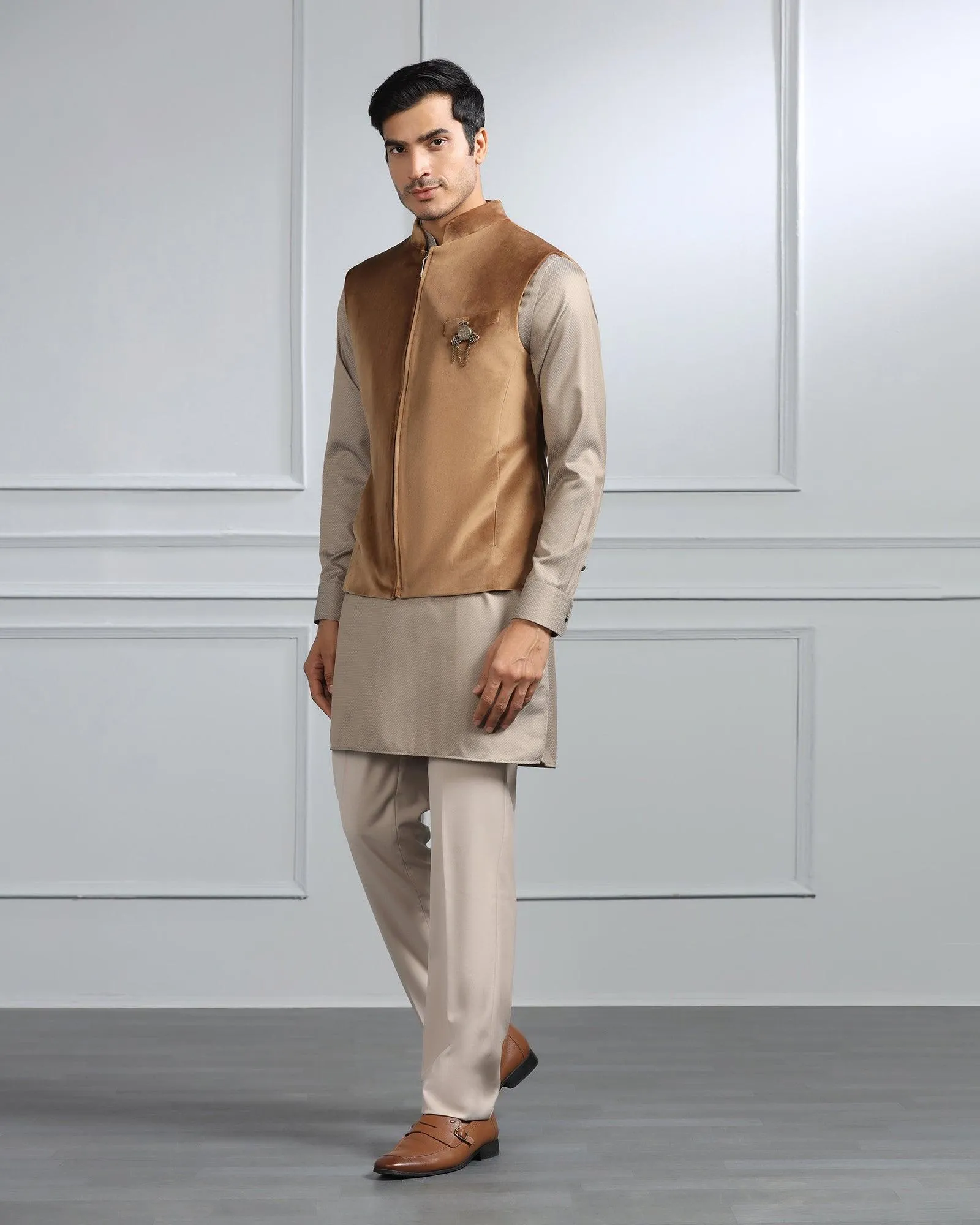 Swarn Two Piece Khaki Solid Achkan Set - Sandrona