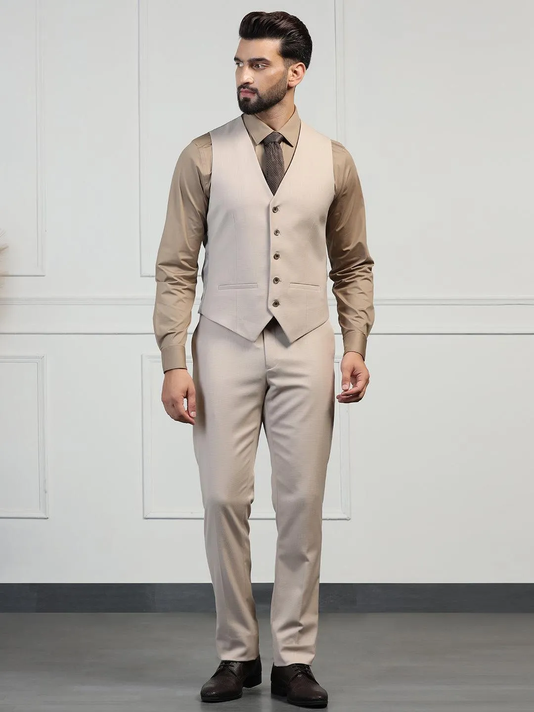 Three Piece Beige Textured Formal Suit - Zanite