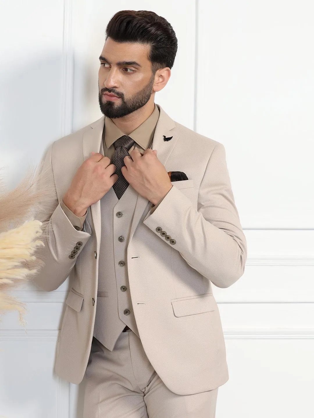 Three Piece Beige Textured Formal Suit - Zanite