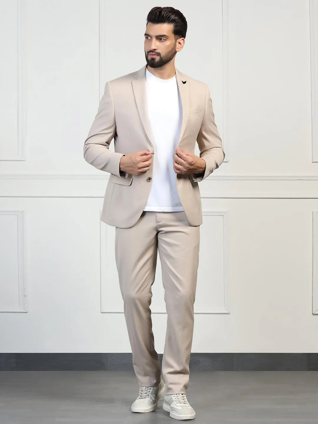 Three Piece Beige Textured Formal Suit - Zanite