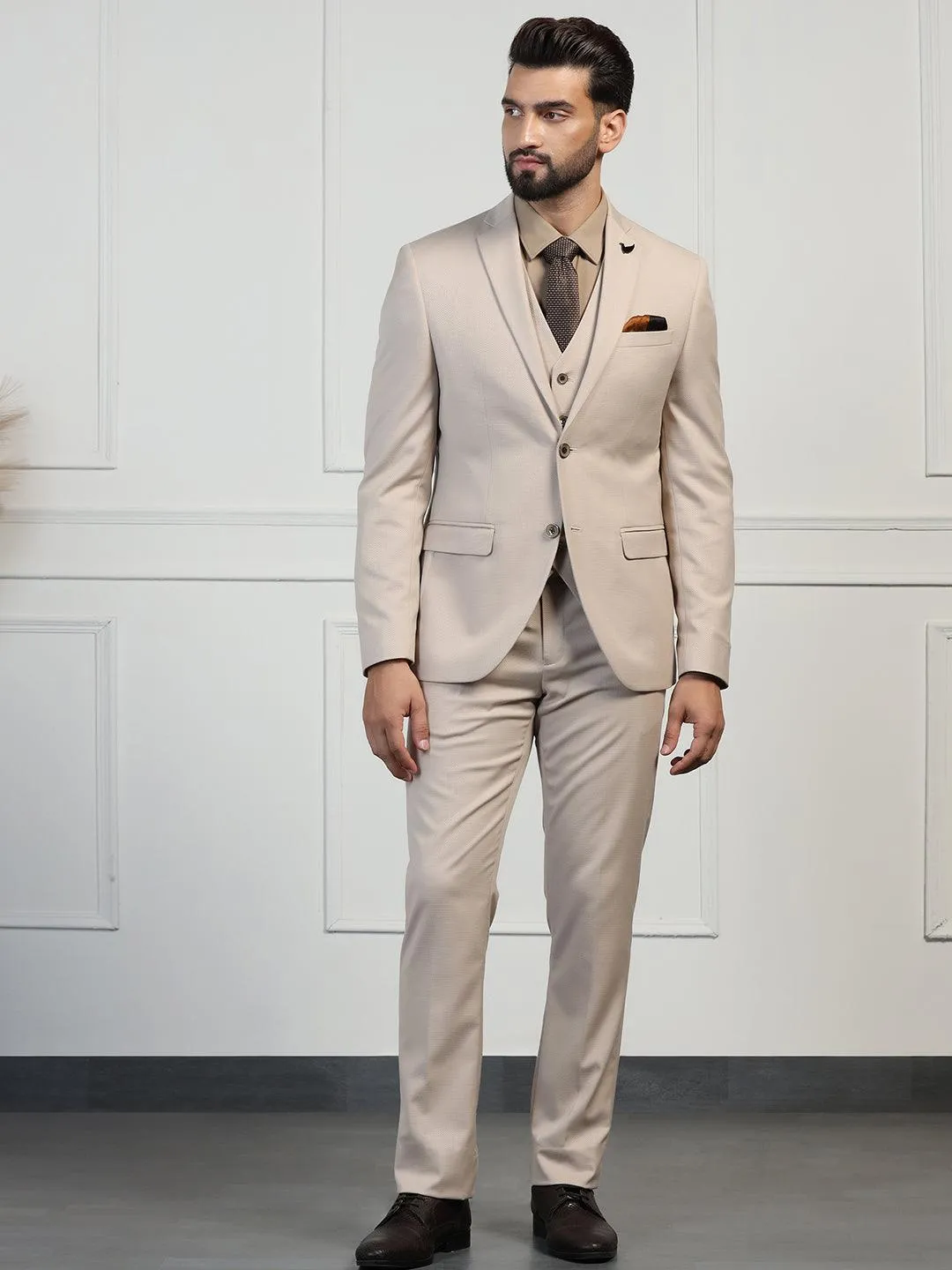 Three Piece Beige Textured Formal Suit - Zanite