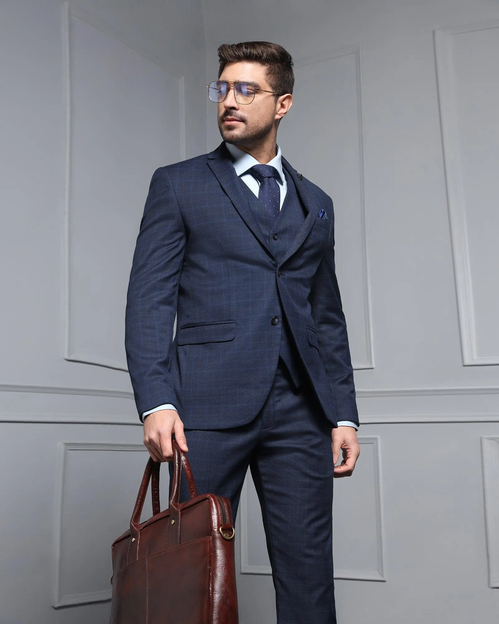 Three Piece Blue Check Formal Suit - Wester