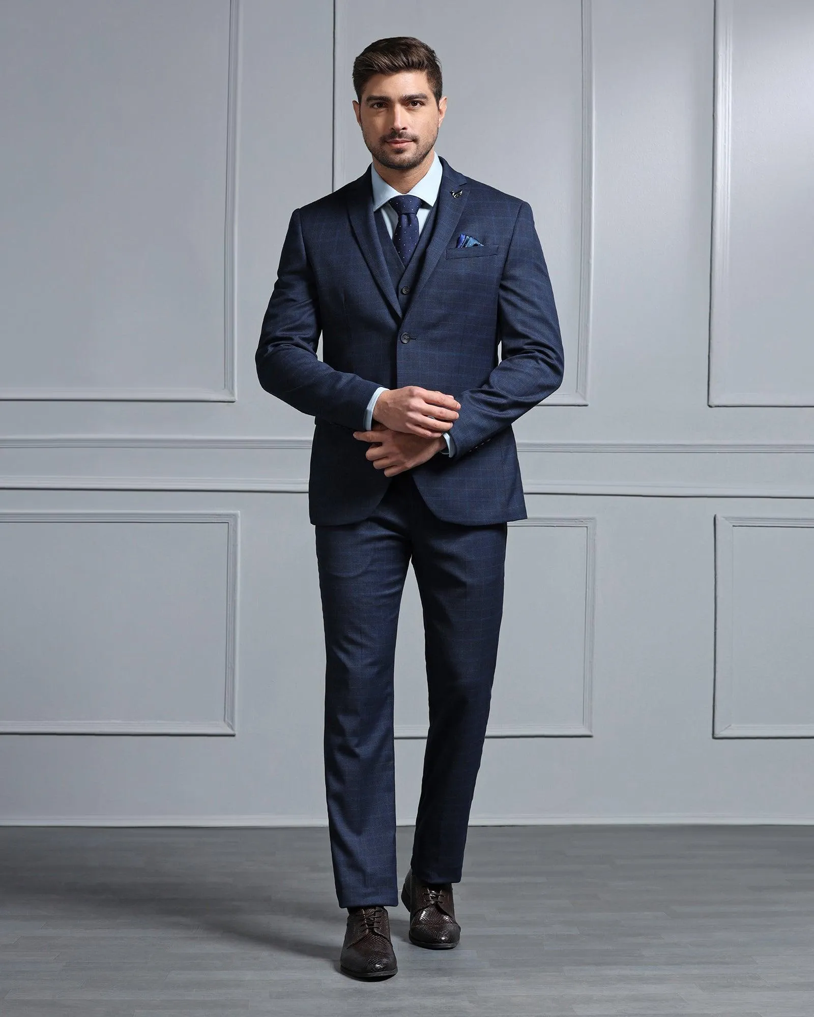 Three Piece Blue Check Formal Suit - Wester