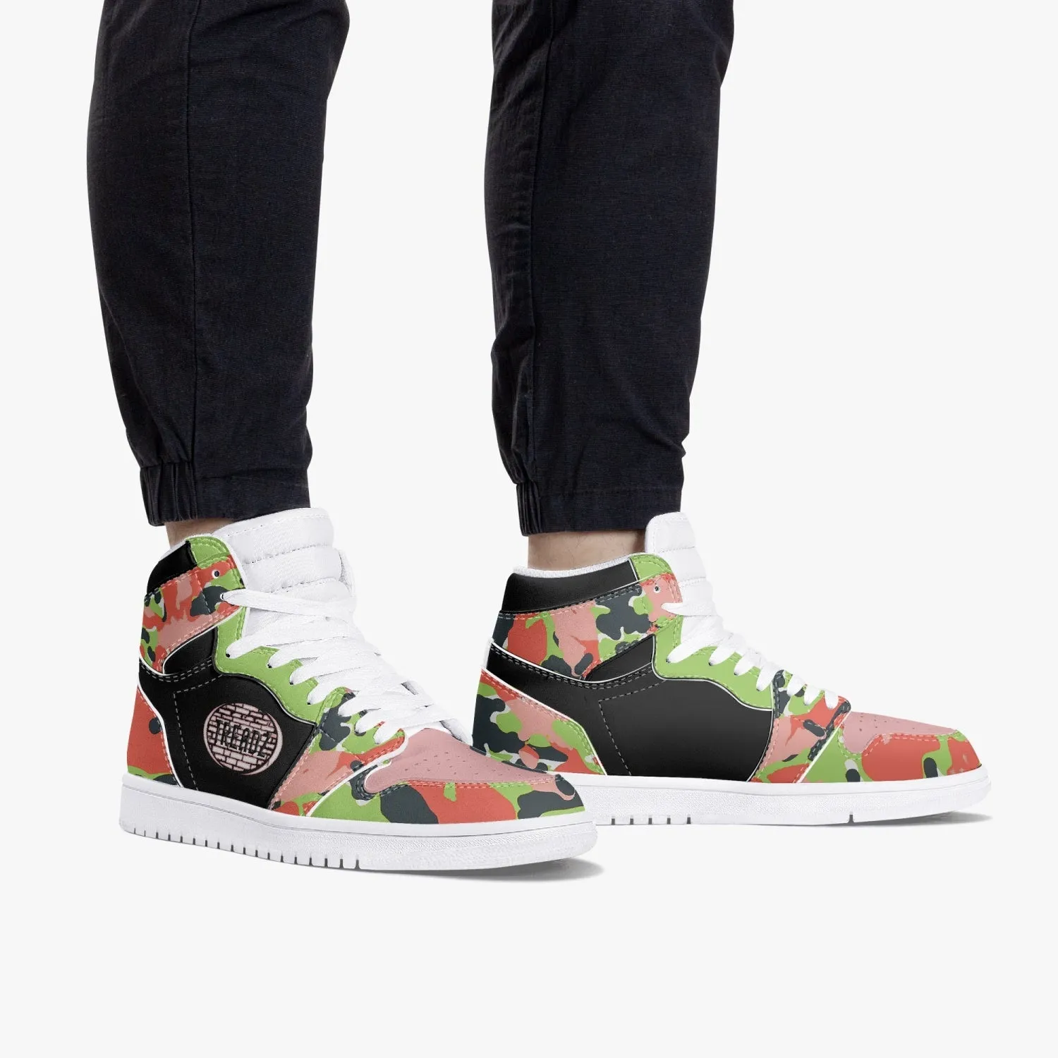 TREADZ 10 TOES DOWN UNITY OVER DIVISION AKA PINK AND GREEN CAMO HIGH TOP LEATHER SNEAKER