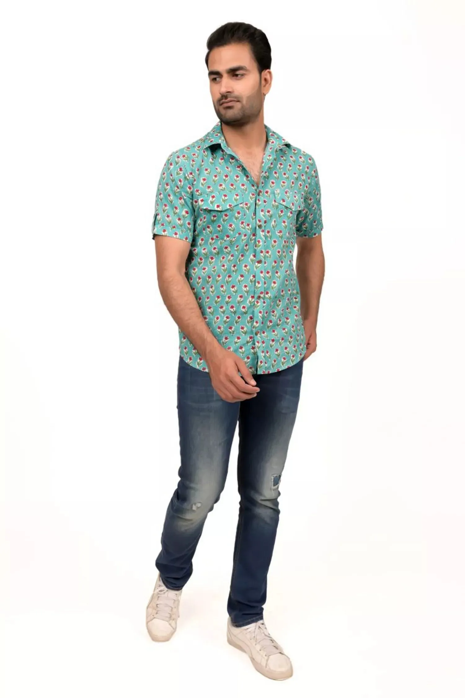 Turquoise Blue Block Printed Half Sleeve Shirt